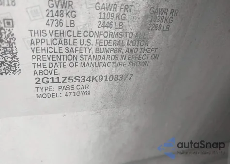 2019 Chevrolet Impala Lt z USA, uszkodzony, nr VIN 2G11Z5S34K9108377